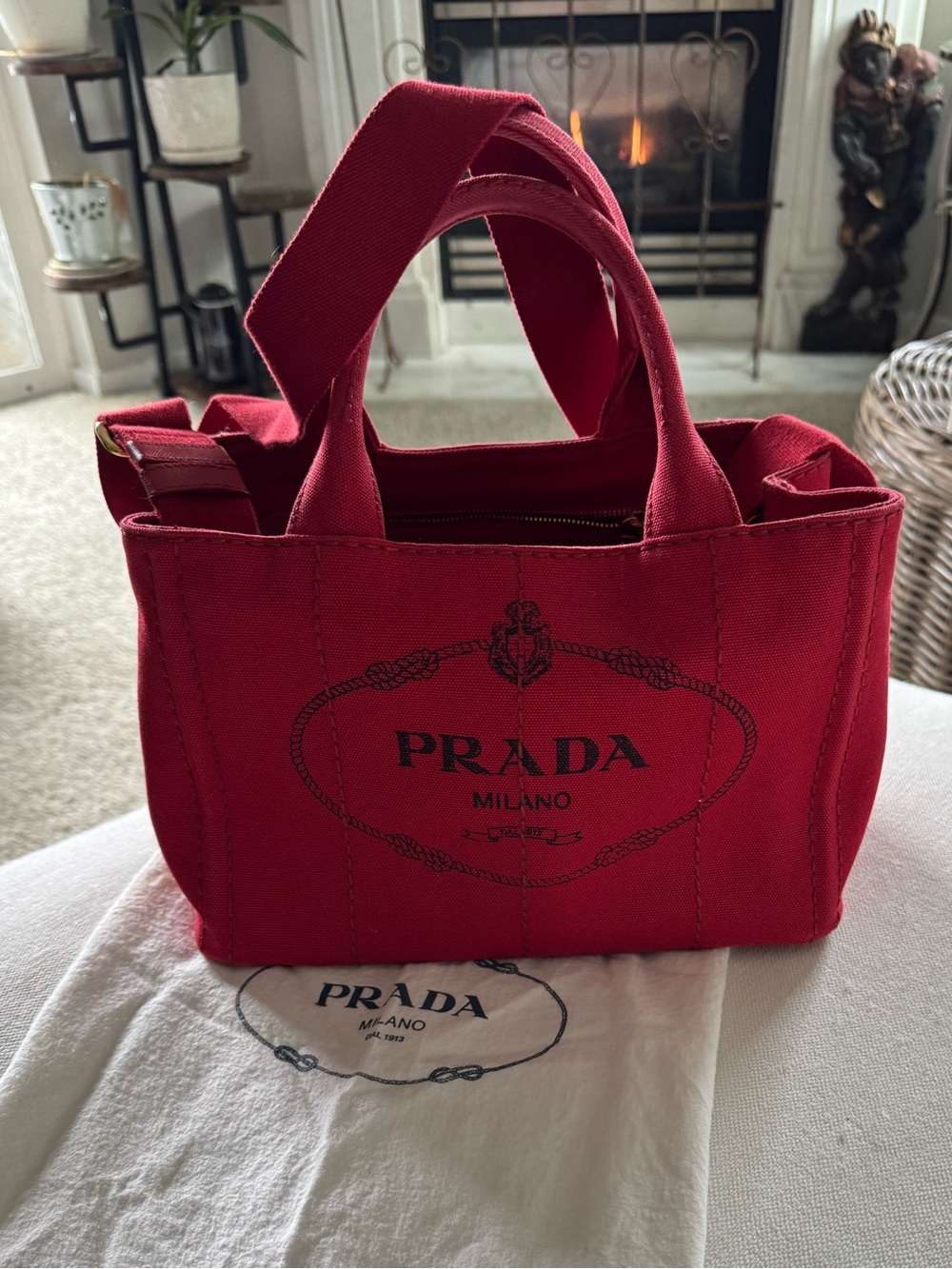 Prada Milano Red Canvas Tote Bag